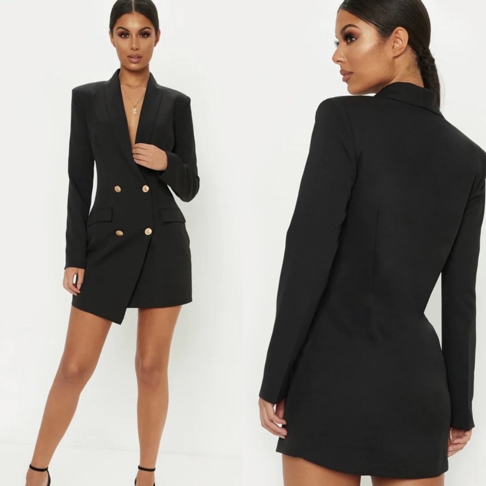NWT PrettyLittleThing Blk Gold Button Blazer Dress